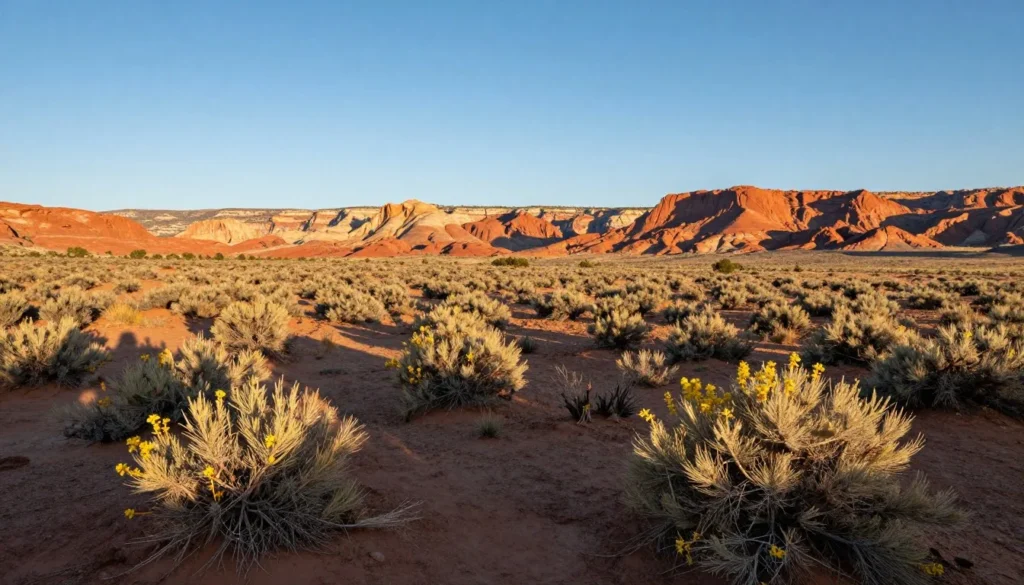 Scenic entrance area to Nine Mile Canyon with sagebrush desert landscape and distant cliff formations Scenic entrance area to Nine Mile Canyon with sagebrush desert landscape and distant cliff formations