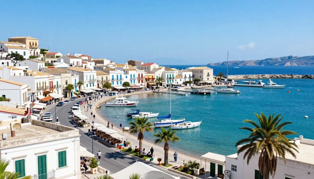 Scenic harbor view of Favignana island with white buildings cascading down hillside to turquoise harbor waters