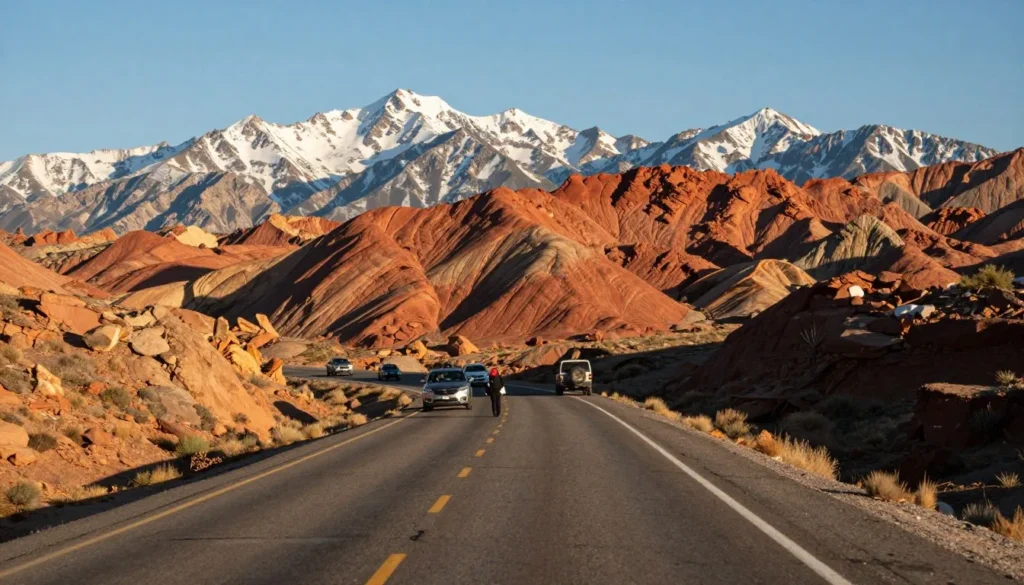 Scenic highway approach to La Sal Mountains with red rock formations and mountain peaks in distance Scenic highway approach to La Sal Mountains with red rock formations and mountain peaks in distance