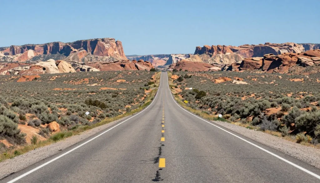 Scenic highway approach to Otter Creek State Park with desert landscape