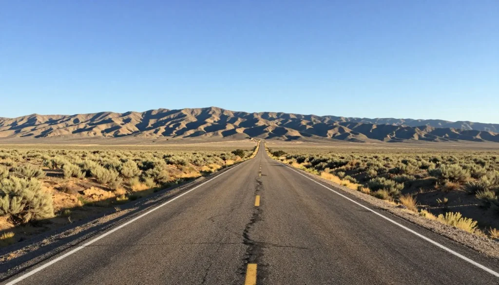 Scenic highway leading through Utah desert landscape toward mountains Scenic highway leading through Utah desert landscape toward mountains