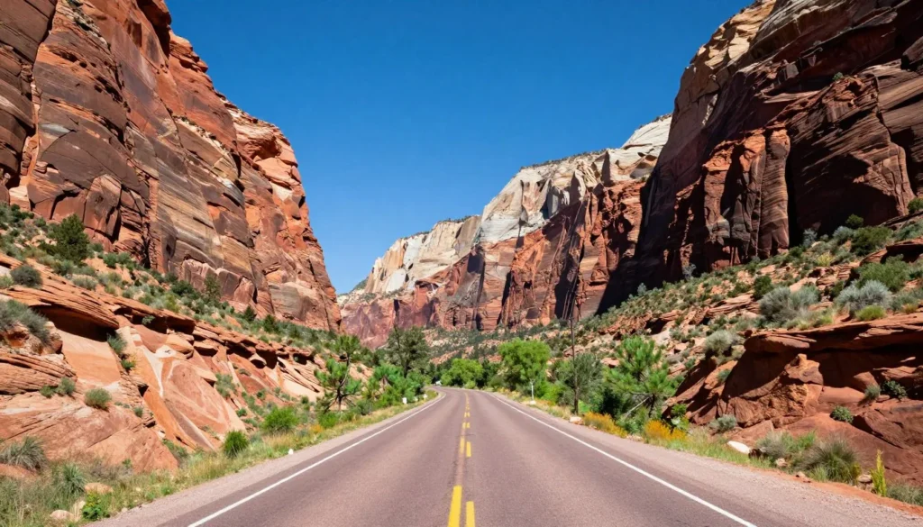 Scenic highway view through Unaweep Canyon with red rock formations Scenic highway view through Unaweep Canyon with red rock formations