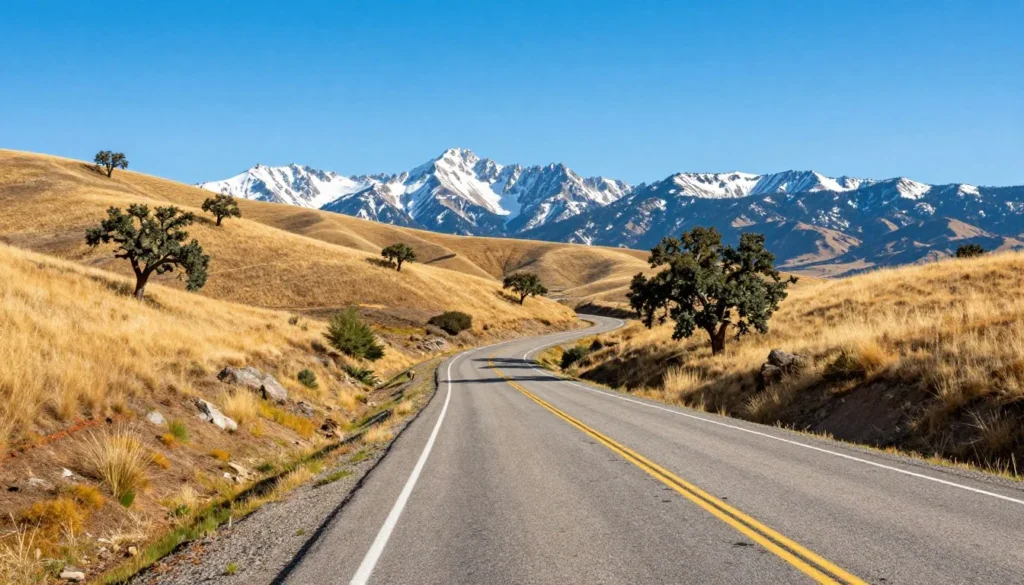 Scenic highway winding through Sierra Nevada foothills with mountain vista ahead Scenic highway winding through Sierra Nevada foothills with mountain vista ahead