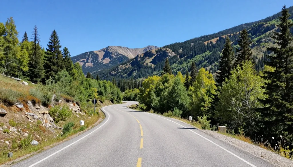 Scenic highway winding through Uncompahgre National Forest with mountain views Scenic highway winding through Uncompahgre National Forest with mountain views