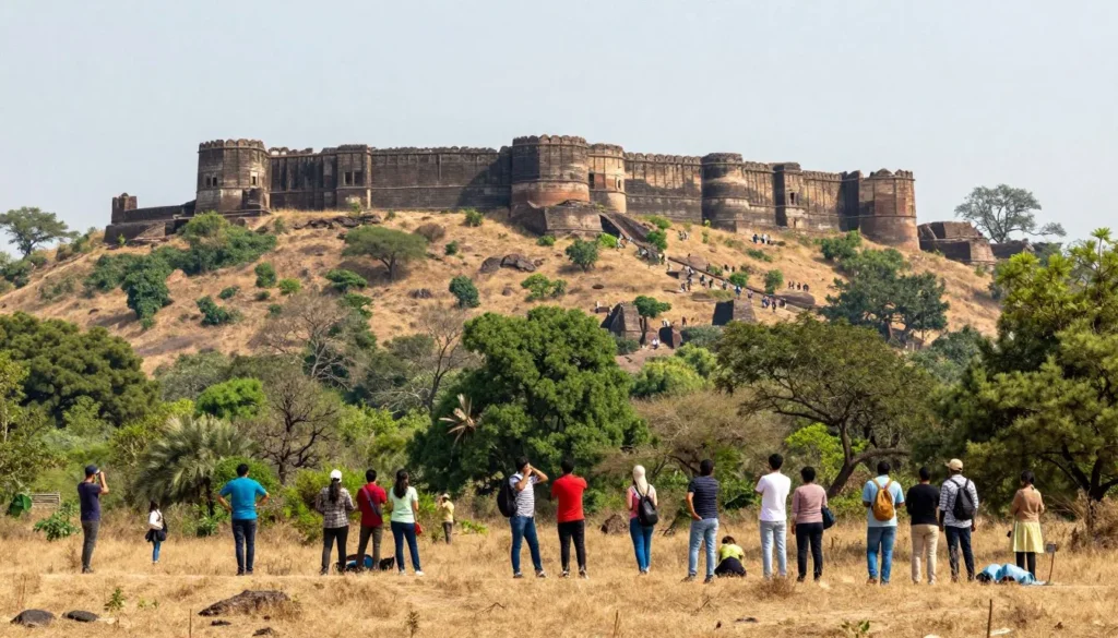 Scenic landscape view of Ranthambore National Park with ancient fort ruins visible on hilltop