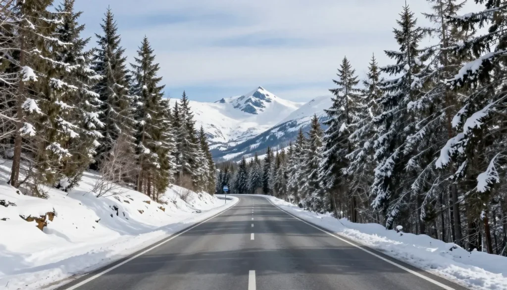 Scenic mountain drive approaching Nordic Valley with winding roads through snow-covered pine forests