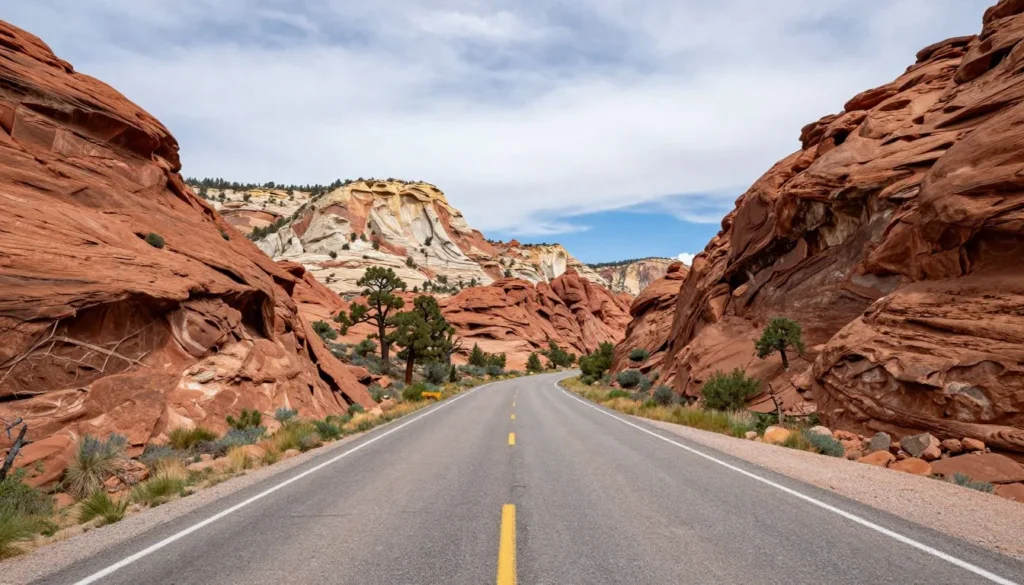 Scenic mountain highway approaching Paunsaugunt Plateau with red rock formations Scenic mountain highway approaching Paunsaugunt Plateau with red rock formations