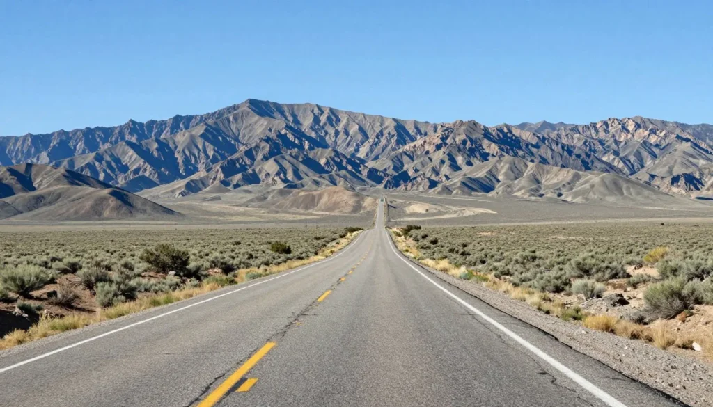 Scenic mountain highway leading toward Snake Range peaks