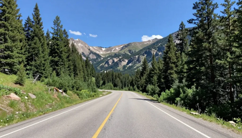 Scenic mountain highway winding through Colorado pine forests approaching Pagosa Springs area Scenic mountain highway winding through Colorado pine forests approaching Pagosa Springs area