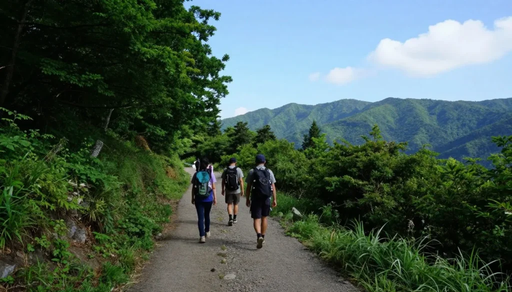 Scenic mountain hiking trail in Fukuoka Prefecture with forested slopes and distant views Scenic mountain hiking trail in Fukuoka Prefecture with forested slopes and distant views
