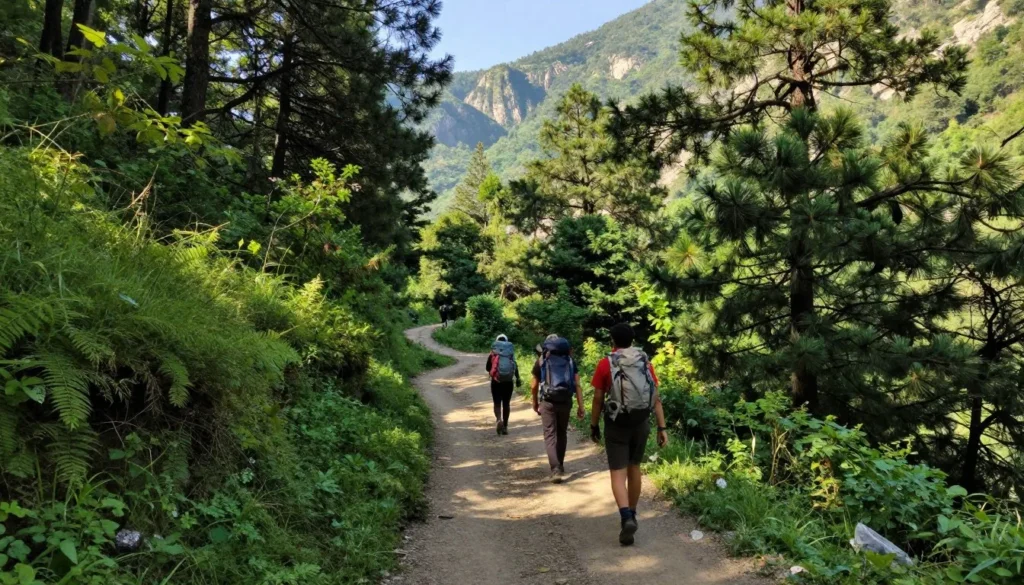 Scenic mountain hiking trail in Rishikesh foothills with trekkers walking through lush forest with Himalayan peaks in distance