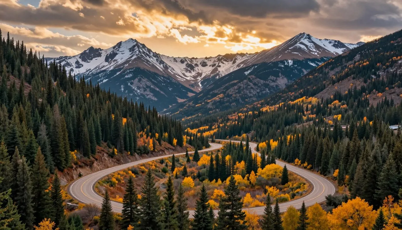Scenic mountain landscape of Ute Pass Colorado with winding road through pine forests
