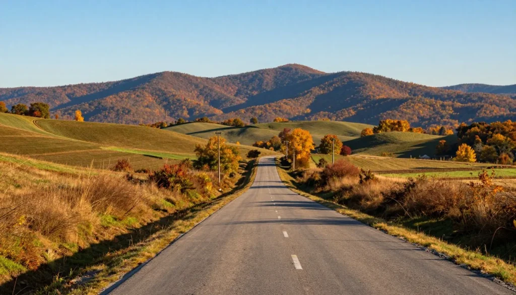 Scenic mountain landscape with winding approach road through Tennessee countryside Scenic mountain landscape with winding approach road through Tennessee countryside