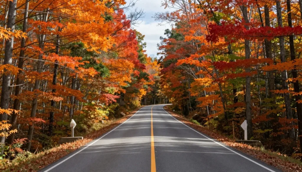 Scenic mountain road leading through DuPont State Forest with autumn foliage Scenic mountain road leading through DuPont State Forest with autumn foliage