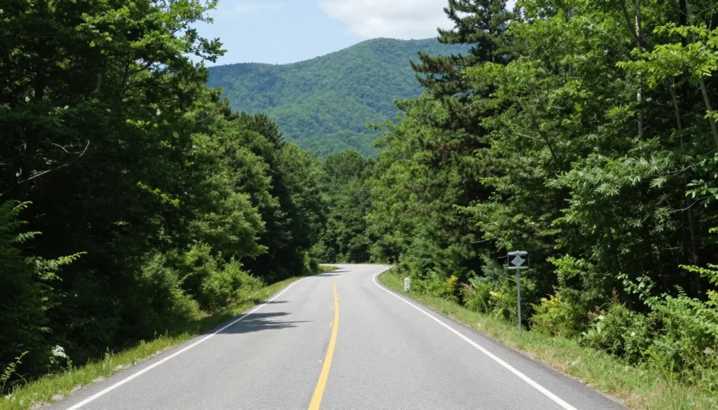 Scenic mountain road leading through Nantahala National Forest with lush vegetation Scenic mountain road leading through Nantahala National Forest with lush vegetation