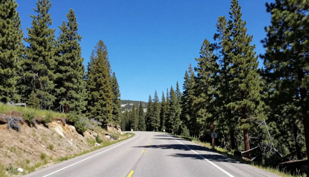 Scenic mountain road leading through pine forests toward Panguitch Lake with clear blue sky Scenic mountain road leading through pine forests toward Panguitch Lake with clear blue sky