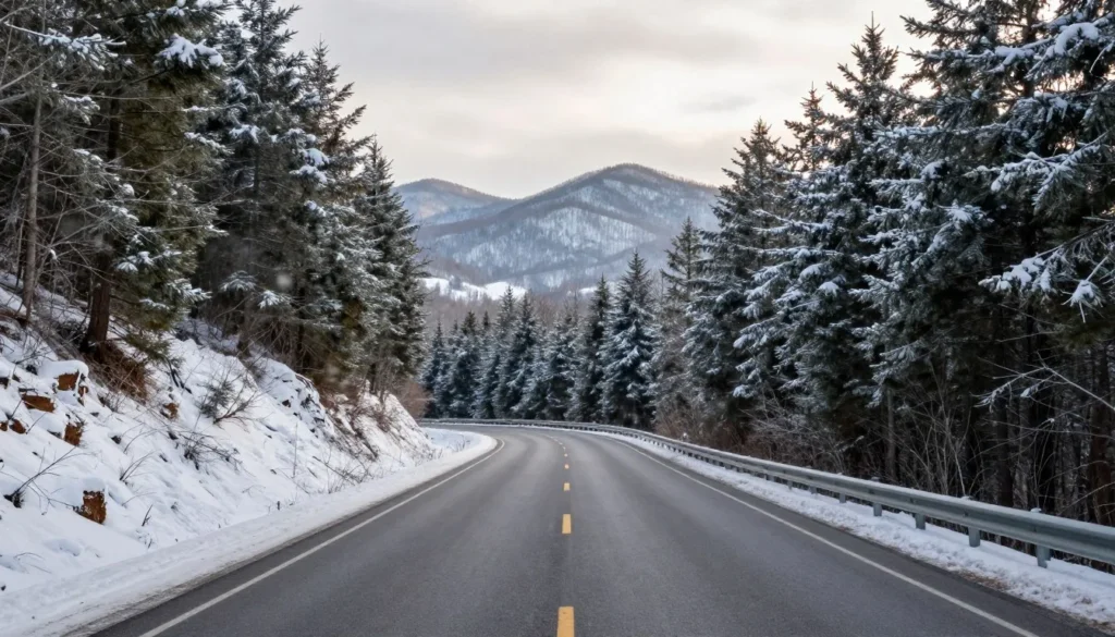 Scenic mountain road leading to Cataloochee Ski Area through snow-covered forests Scenic mountain road leading to Cataloochee Ski Area through snow-covered forests