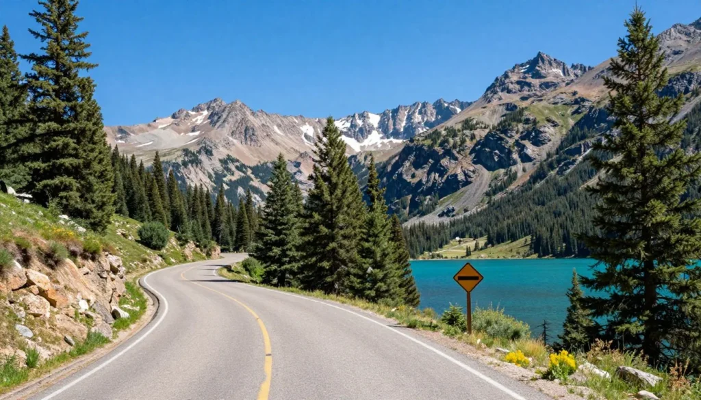 Scenic mountain road leading to Turquoise Lake with evergreen forests Scenic mountain road leading to Turquoise Lake with evergreen forests