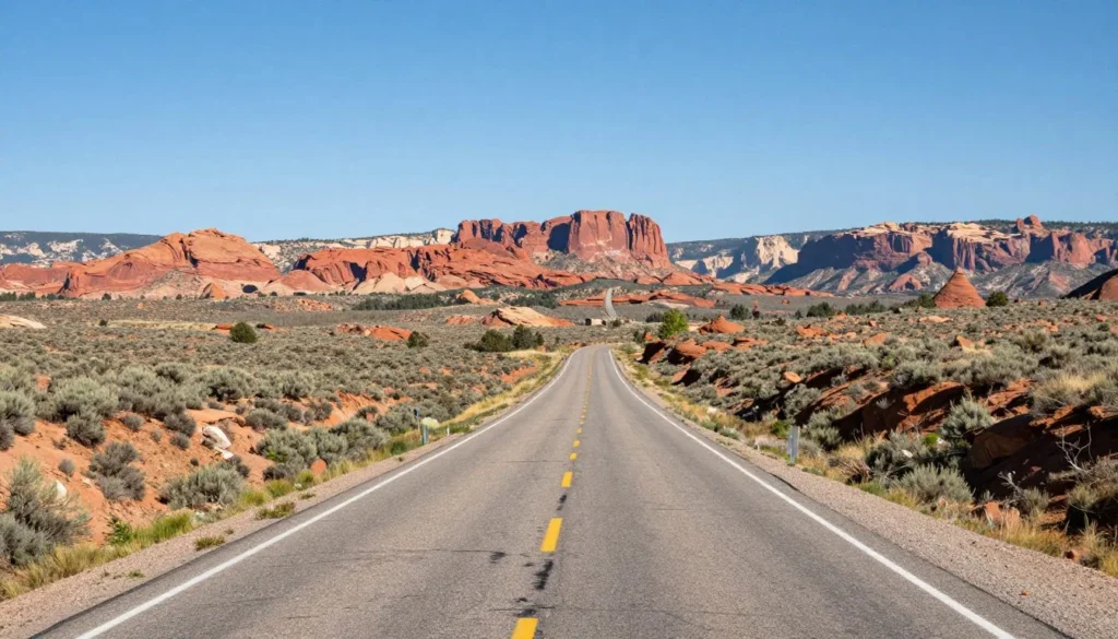 Scenic mountain road leading toward Unaweep Canyon with distant mesas Scenic mountain road leading toward Unaweep Canyon with distant mesas