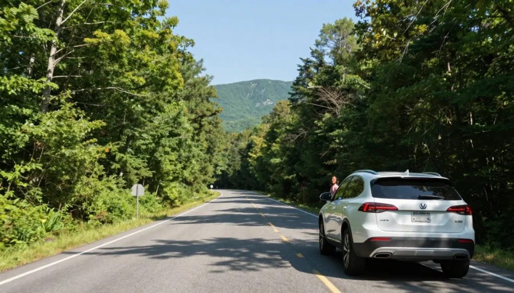 Scenic mountain road through Great Smoky Mountains with diverse couple driving along forested route Scenic mountain road through Great Smoky Mountains with diverse couple driving along forested route