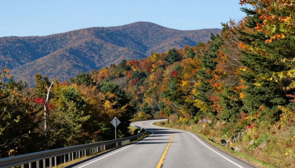 Scenic mountain road winding through North Carolina Blue Ridge Mountains with autumn foliage Scenic mountain road winding through North Carolina Blue Ridge Mountains with autumn foliage
