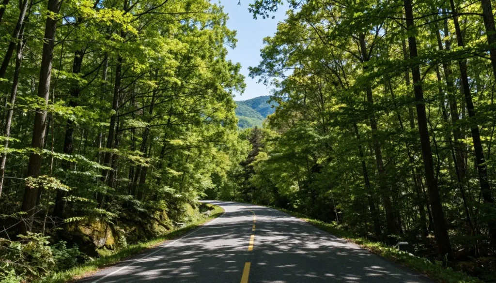 Scenic mountain road winding through Pisgah National Forest leading to Elk River Falls area Scenic mountain road winding through Pisgah National Forest leading to Elk River Falls area