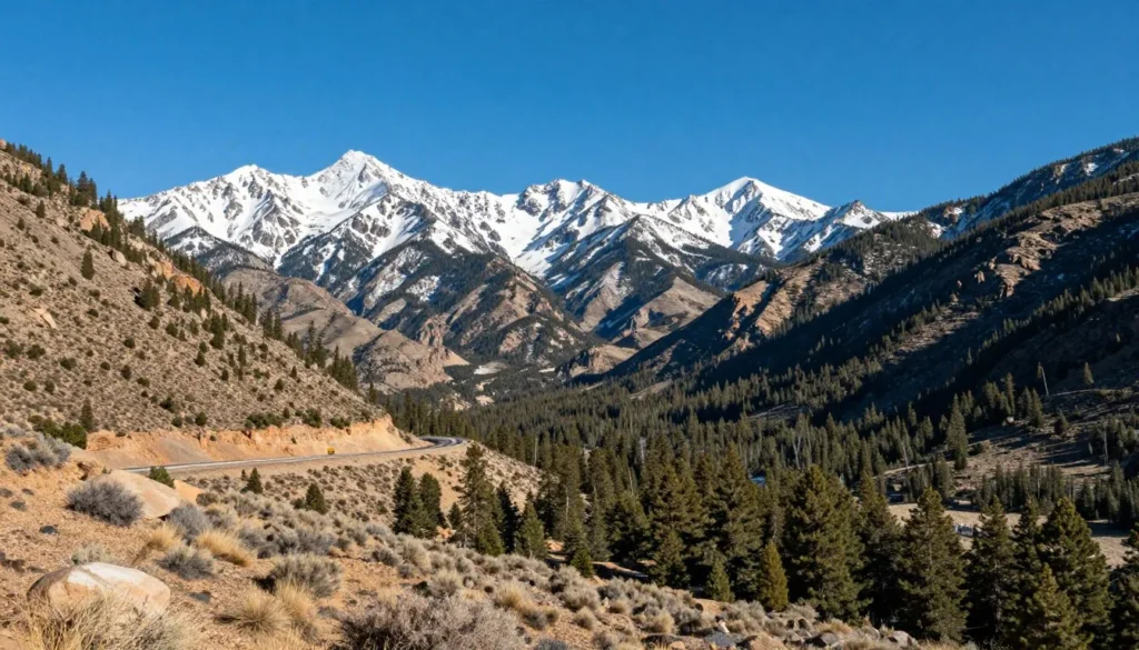 Scenic mountain valley approach to Snowstorm Mountains with winding road