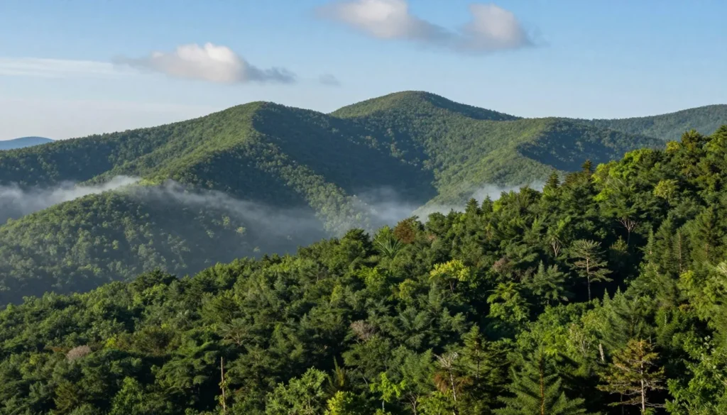 Scenic mountain view of the Blue Ridge Mountains near Catawba Falls with forest valleys Scenic mountain view of the Blue Ridge Mountains near Catawba Falls with forest valleys