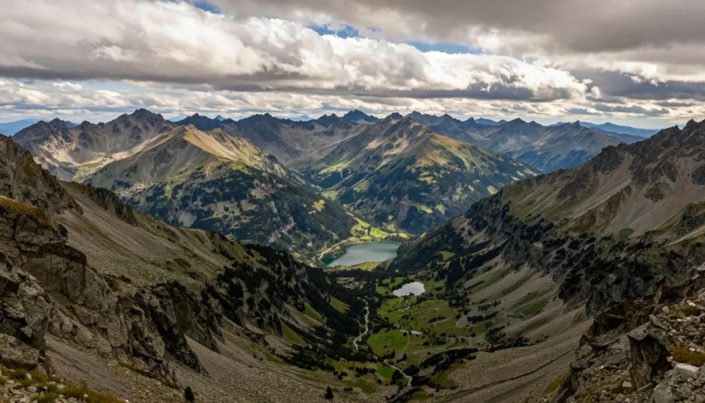 Scenic mountain vista showing multiple peaks in Colorado's San Juan Mountains range with alpine valleys Scenic mountain vista showing multiple peaks in Colorado's San Juan Mountains range with alpine valleys