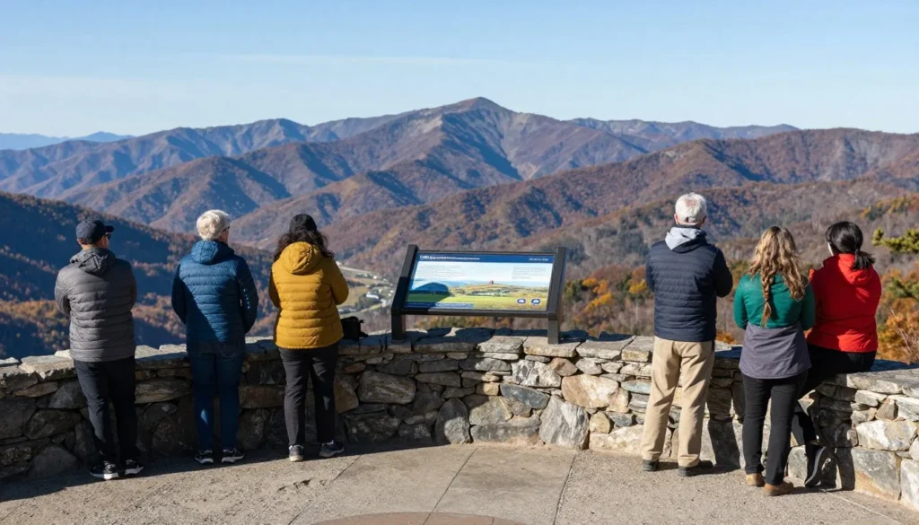 Scenic overlook on Cherohala Skyway with diverse visitors viewing mountain panorama Scenic overlook on Cherohala Skyway with diverse visitors viewing mountain panorama