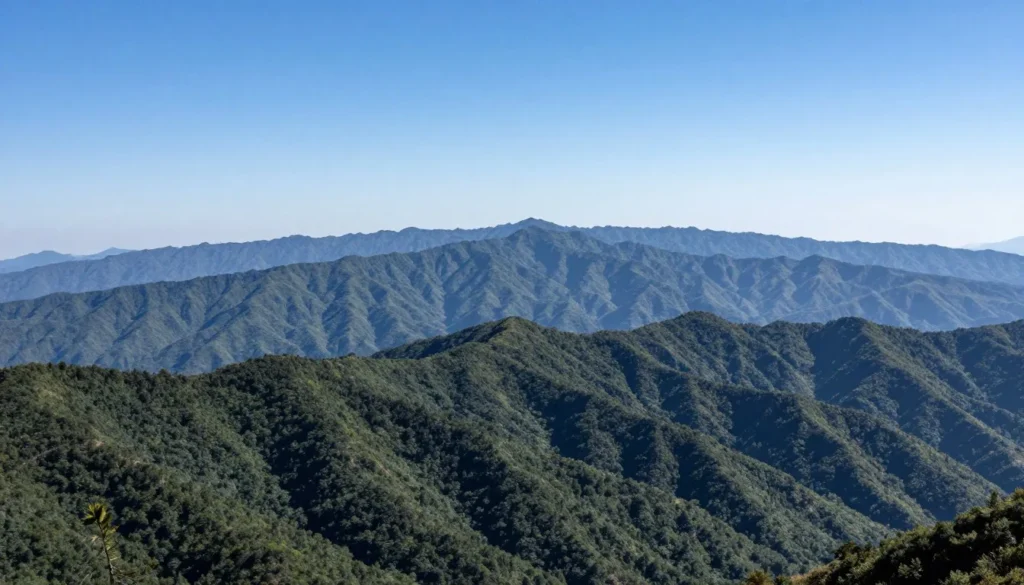 Scenic overlook view from Cherohala Skyway showing mountain ranges Scenic overlook view from Cherohala Skyway showing mountain ranges