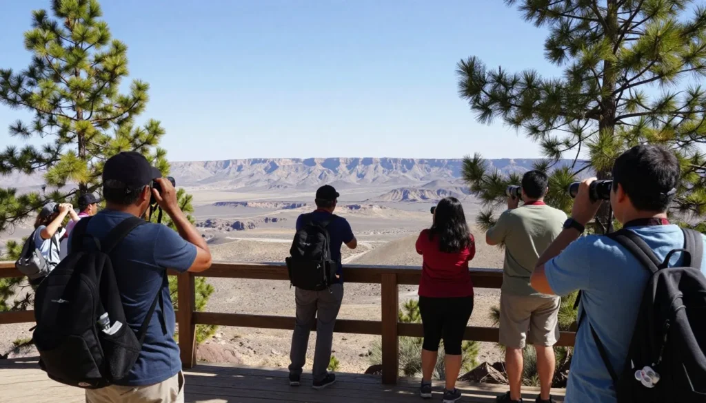 Scenic overlook with tourists enjoying panoramic mountain views