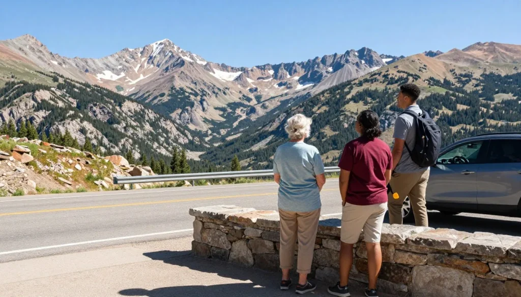 Scenic pullout along Trail Ridge Road with tourists viewing Continental Divide Scenic pullout along Trail Ridge Road with tourists viewing Continental Divide