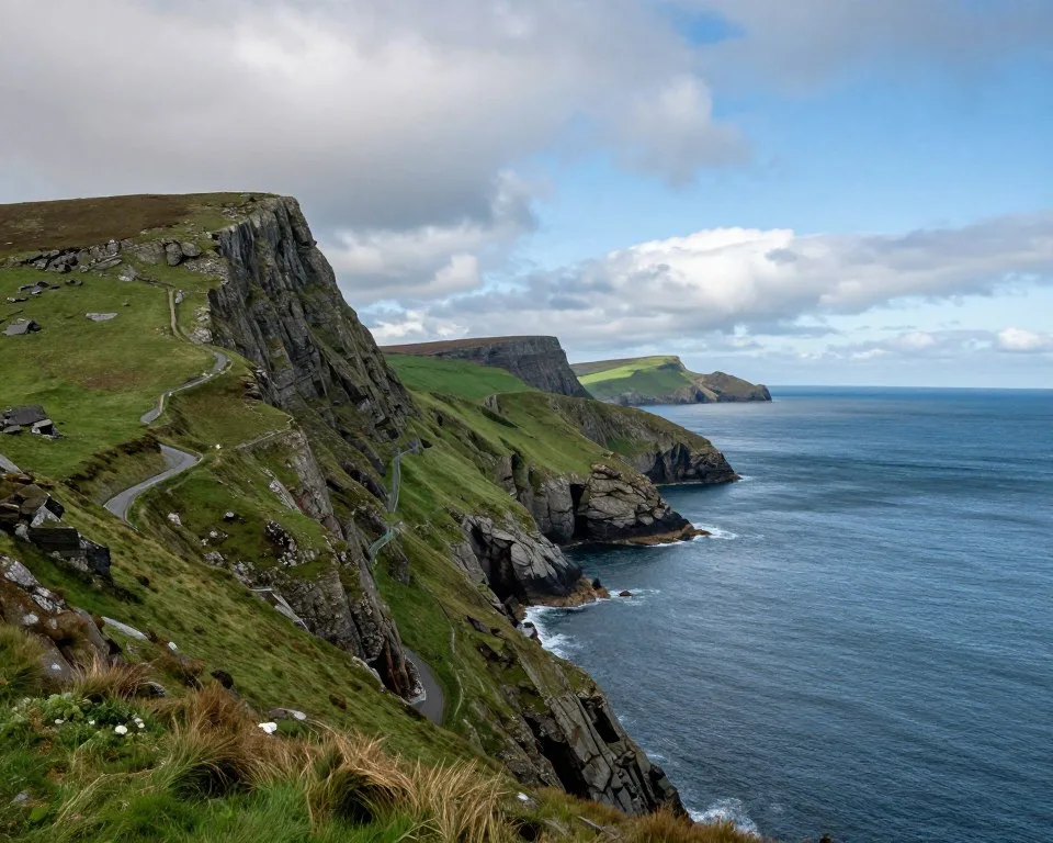 Scenic view along Slea Head Drive on Dingle Peninsula with ocean cliffs Scenic view along Slea Head Drive on Dingle Peninsula with ocean cliffs