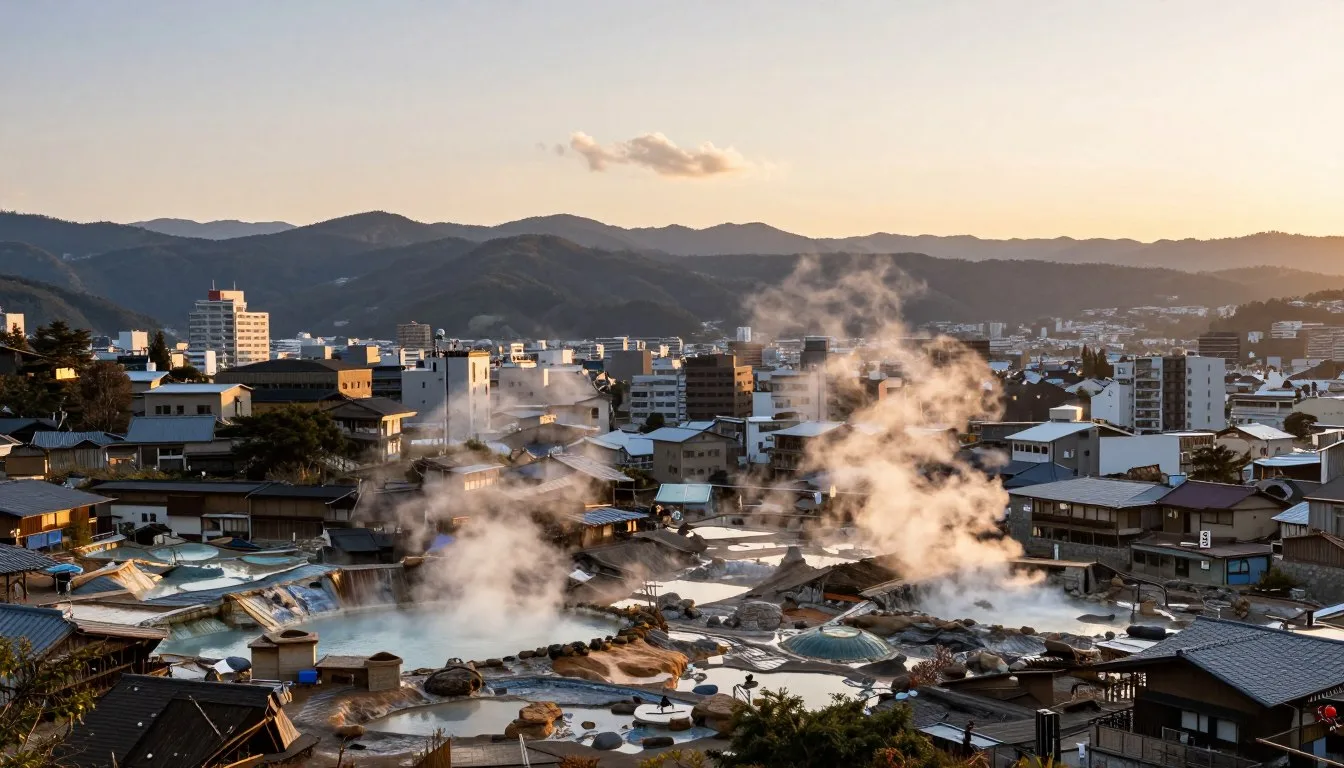Scenic view of Beppu city with steam rising from multiple hot springs against mountain backdrop during golden hour