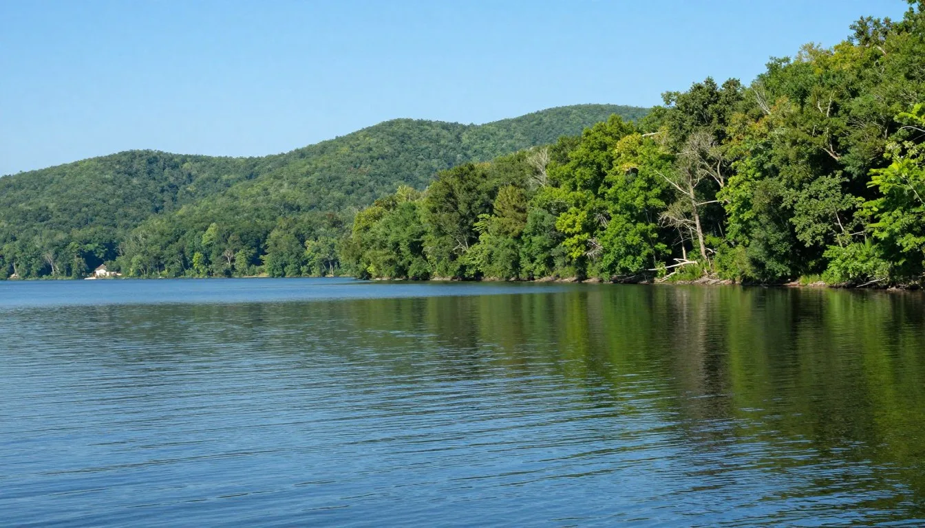 Scenic-view-of-Chickamauga-Lake-with-calm-blue-water-reflecting-surrounding-green-hills-and Scenic view of Chickamauga Lake with calm blue water reflecting surrounding green hills and clear sky