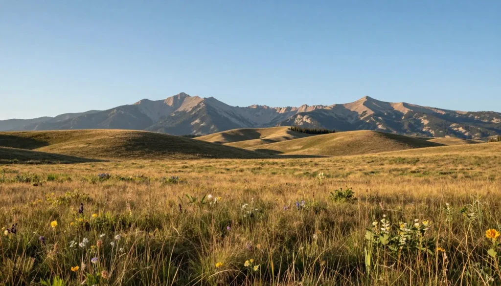 Scenic view of Colorado plains landscape with rolling hills and distant Rocky Mountains under clear blue sky Scenic view of Colorado plains landscape with rolling hills and distant Rocky Mountains under clear blue sky
