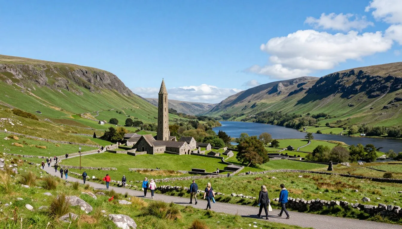 Scenic-view-of-Glendalough-valley-with-ancient-monastic-settlement-and-lakes-surrounded-by Scenic view of Glendalough valley with ancient monastic settlement and lakes surrounded by green hills
