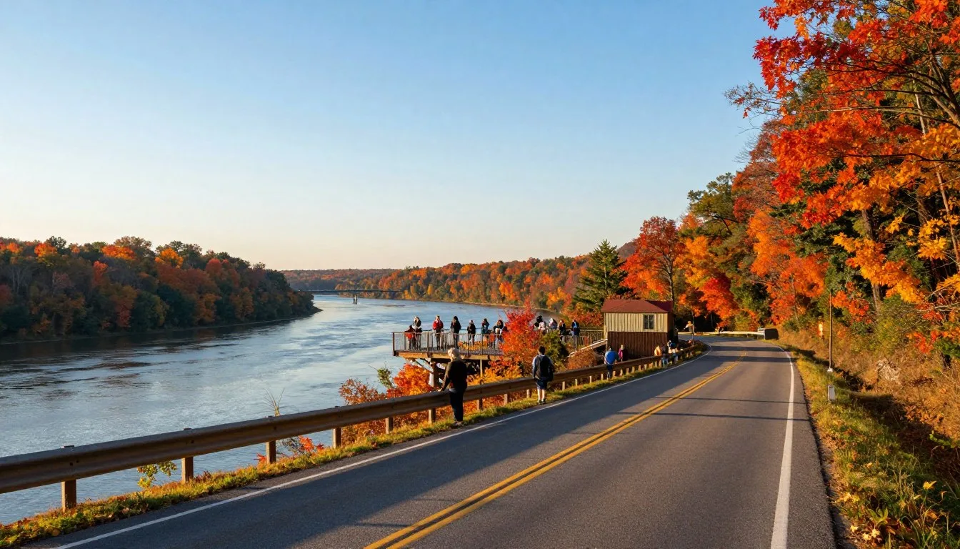 Scenic-view-of-Great-River-Road-Tennessee-winding-along-Mississippi-River-bluffs-with-autumn Scenic view of Great River Road Tennessee winding along Mississippi River bluffs with autumn foliage