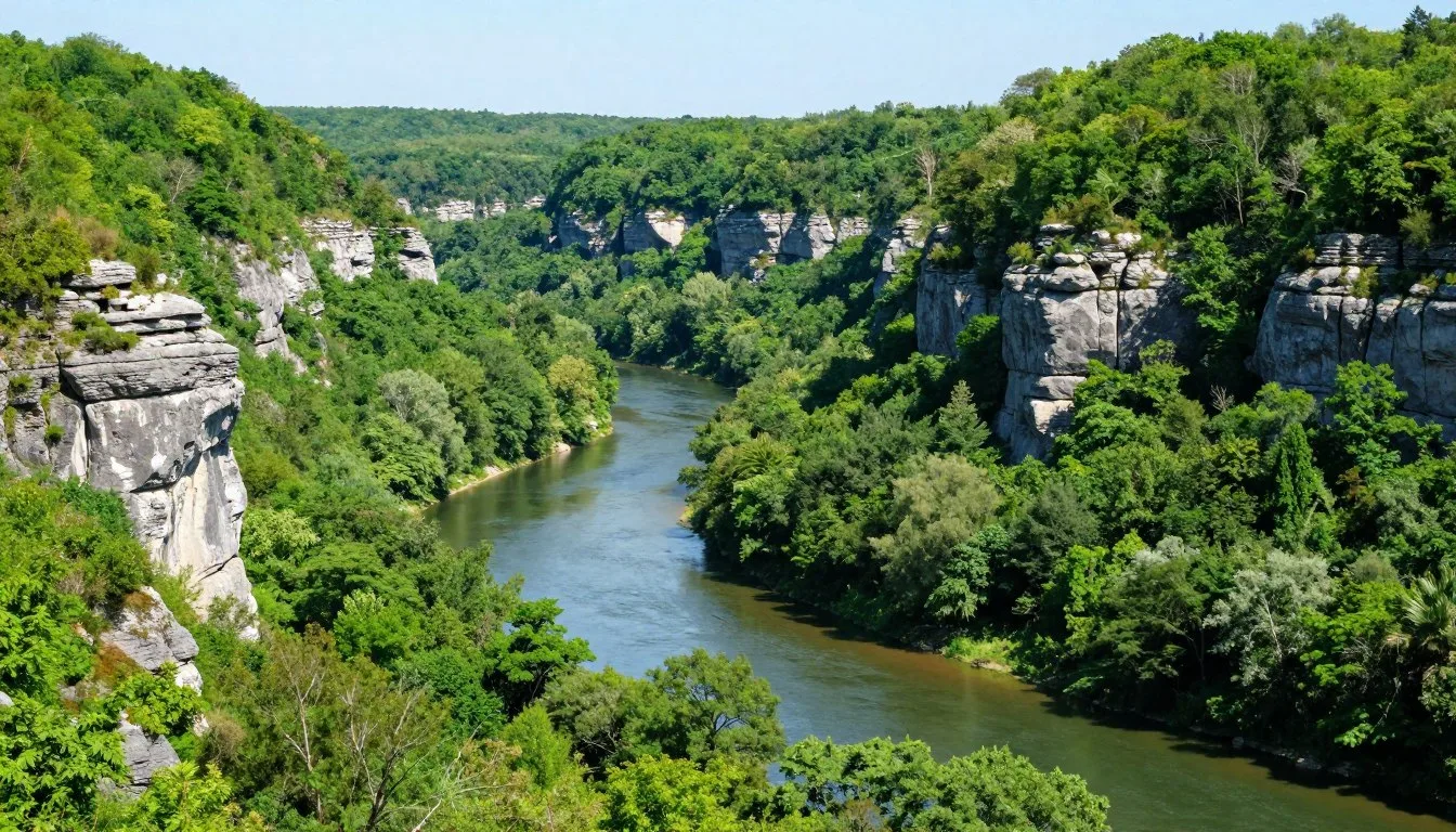 Scenic-view-of-Harpeth-River-winding-through-lush-Tennessee-valley-with-limestone-bluffs Scenic view of Harpeth River winding through lush Tennessee valley with limestone bluffs