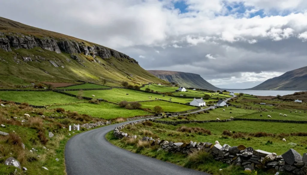 Scenic view of Inishowen Peninsula green rolling hills and coastal landscape from roadside viewpoint