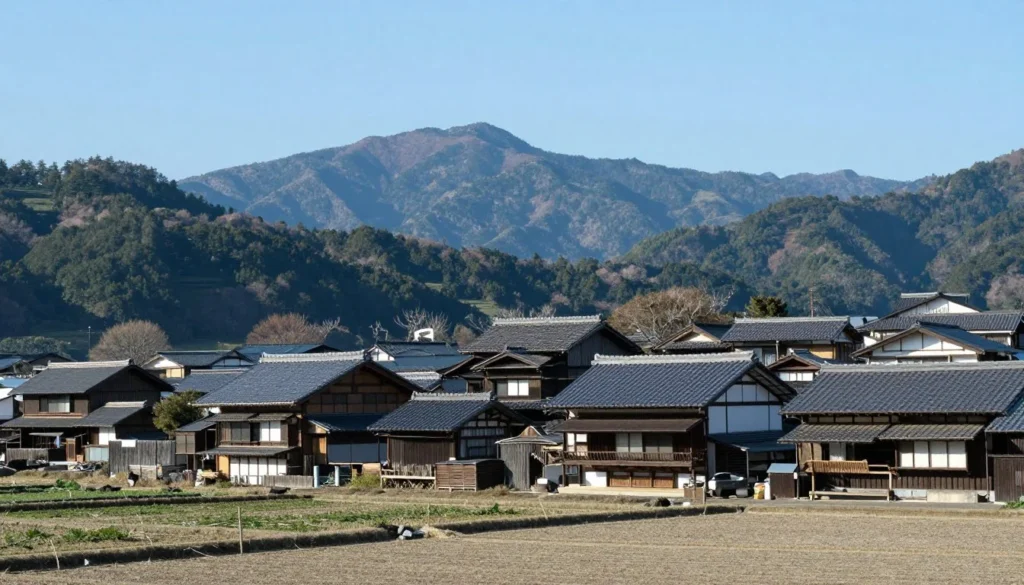 Scenic view of Kyushu countryside with traditional villages and mountains in distance Scenic view of Kyushu countryside with traditional villages and mountains in distance