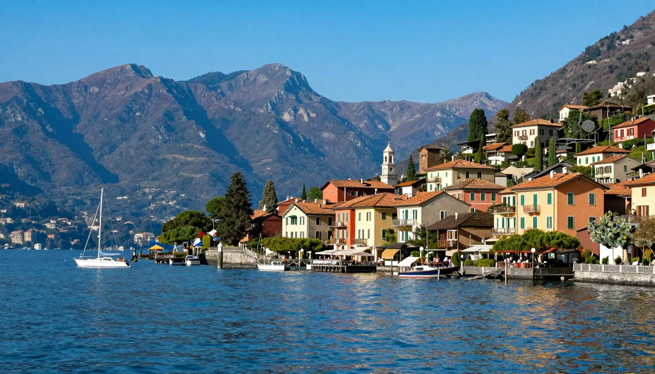 Scenic view of Lake Como waterfront with colorful buildings and mountains