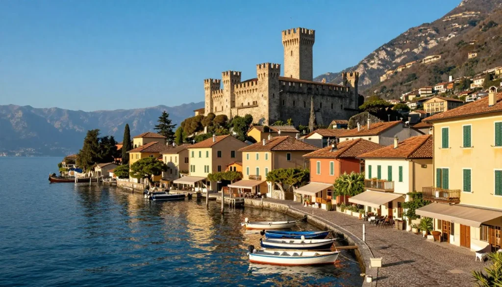 Scenic view of Lake Garda shoreline with medieval castle and colorful Italian village buildings reflecting in calm blue water Scenic view of Lake Garda shoreline with medieval castle and colorful Italian village buildings reflecting in calm blue water