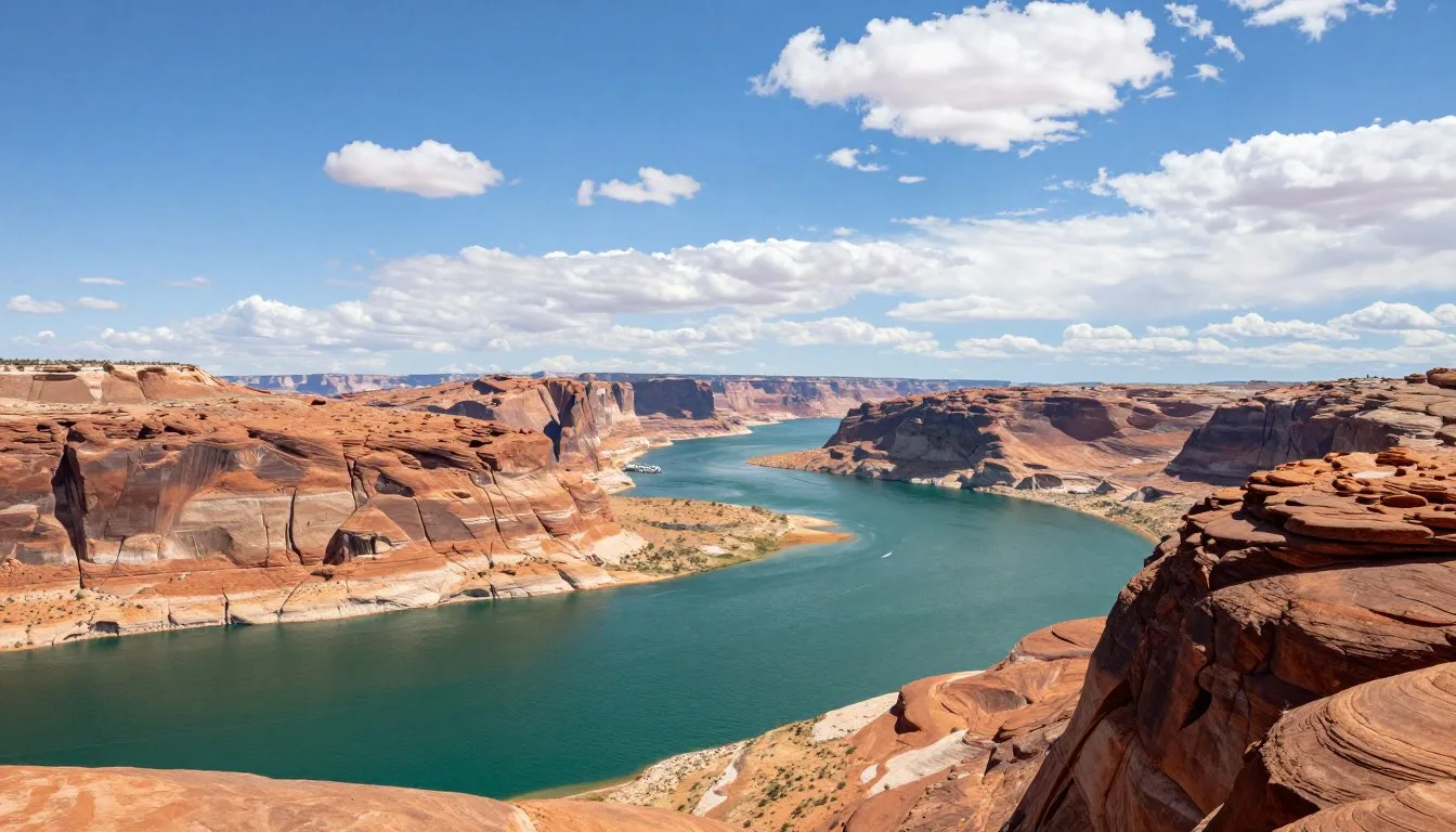 Scenic view of Lake Powell's blue waters surrounded by red canyon walls