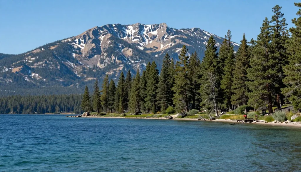 Scenic view of Lake Tahoe east shore with mountains and pine forests