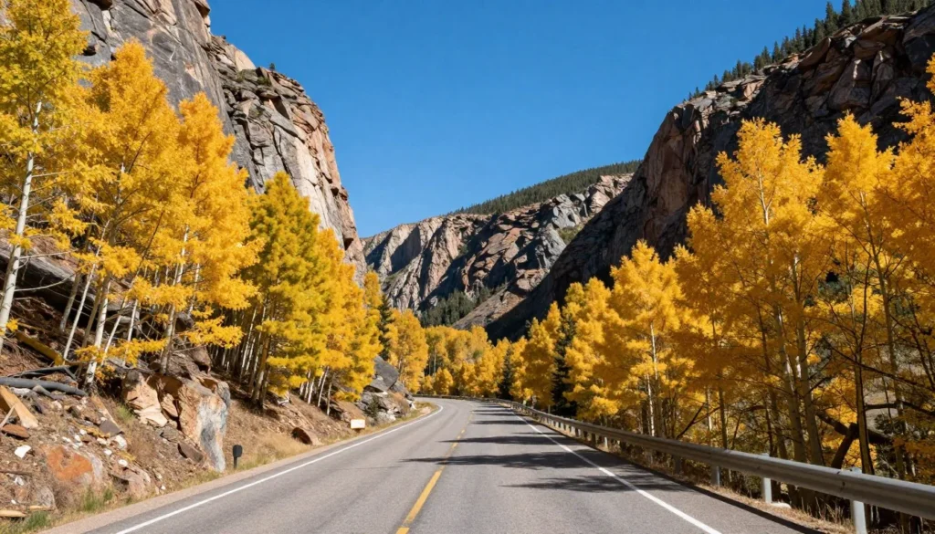 Scenic view of Lamoille Canyon road winding through Ruby Mountains with aspen trees Scenic view of Lamoille Canyon road winding through Ruby Mountains with aspen trees