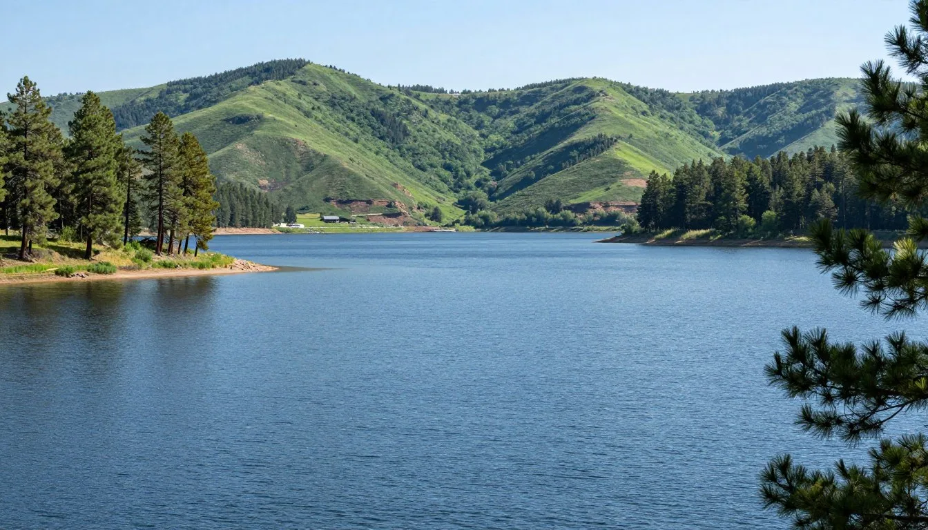 Scenic-view-of-Palisade-Reservoir-surrounded-by-rolling-hills-and-vibrant-greenery-at-Palisade- Scenic view of Palisade Reservoir surrounded by rolling hills and vibrant greenery at Palisade State Park Utah