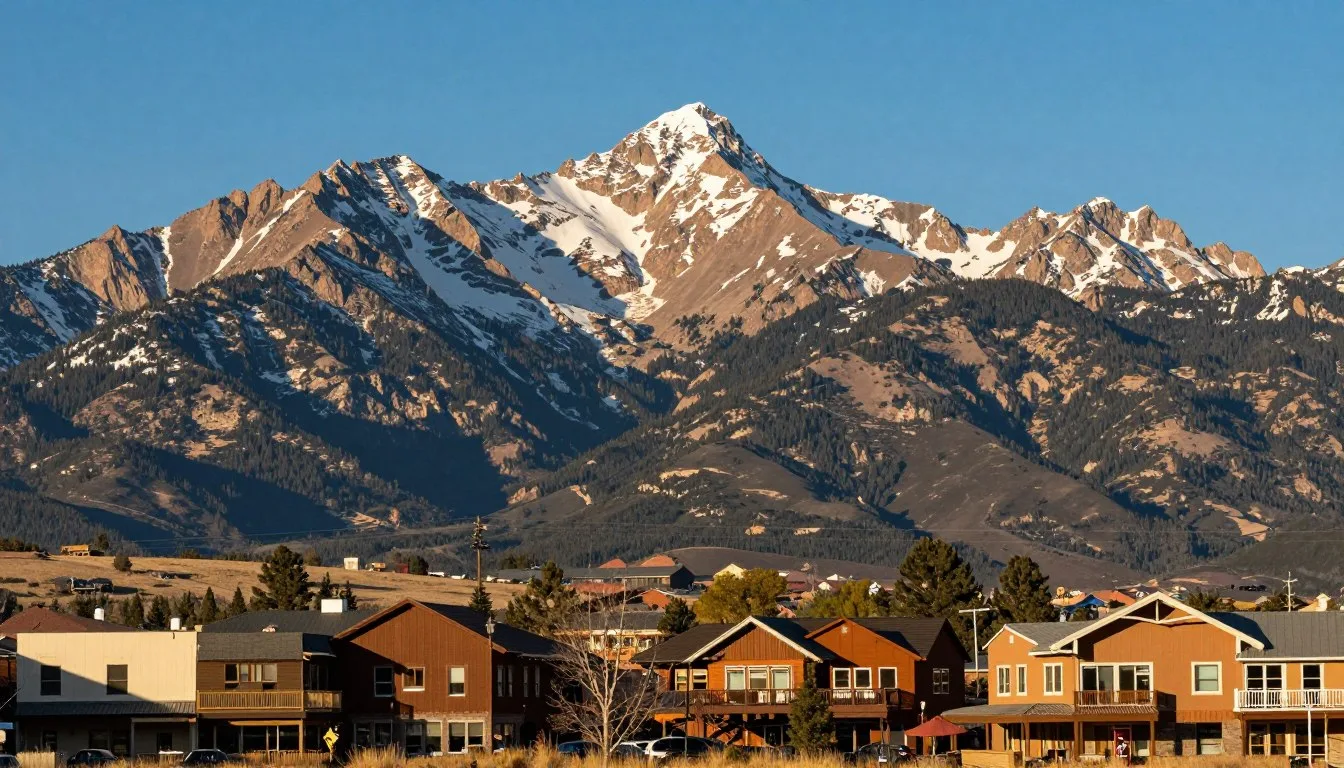 Scenic view of Pikes Peak mountain towering over Manitou Springs Colorado with clear blue skies