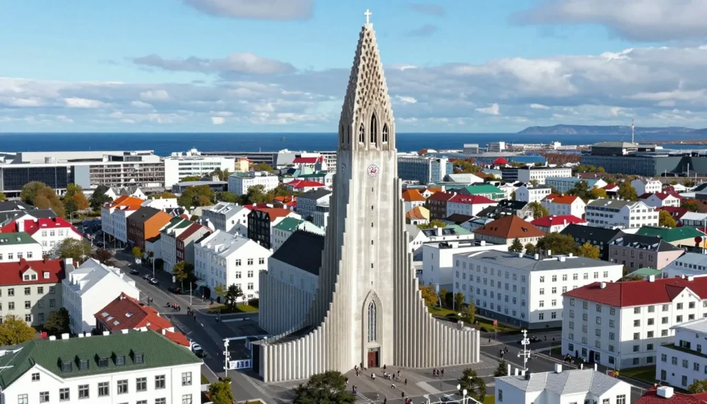 Scenic view of Reykjavik city with Hallgrímskirkja church tower and colorful rooftops